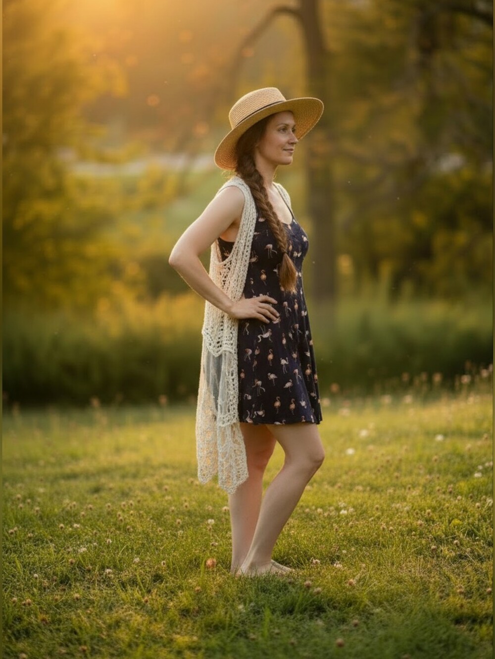 *Sold As Set* BeBop | Navy Flamingo Print Sundress with Cream Crochet Vest